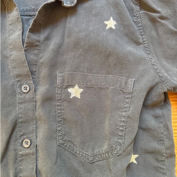 Cloth & Stone blue silver star plunge neckline button long sleeve shirt SIZE S - Picture 6 of 7
